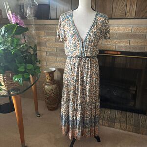 Starivy Boho Midi Dress Sz M Flutter Sleeves Pleats